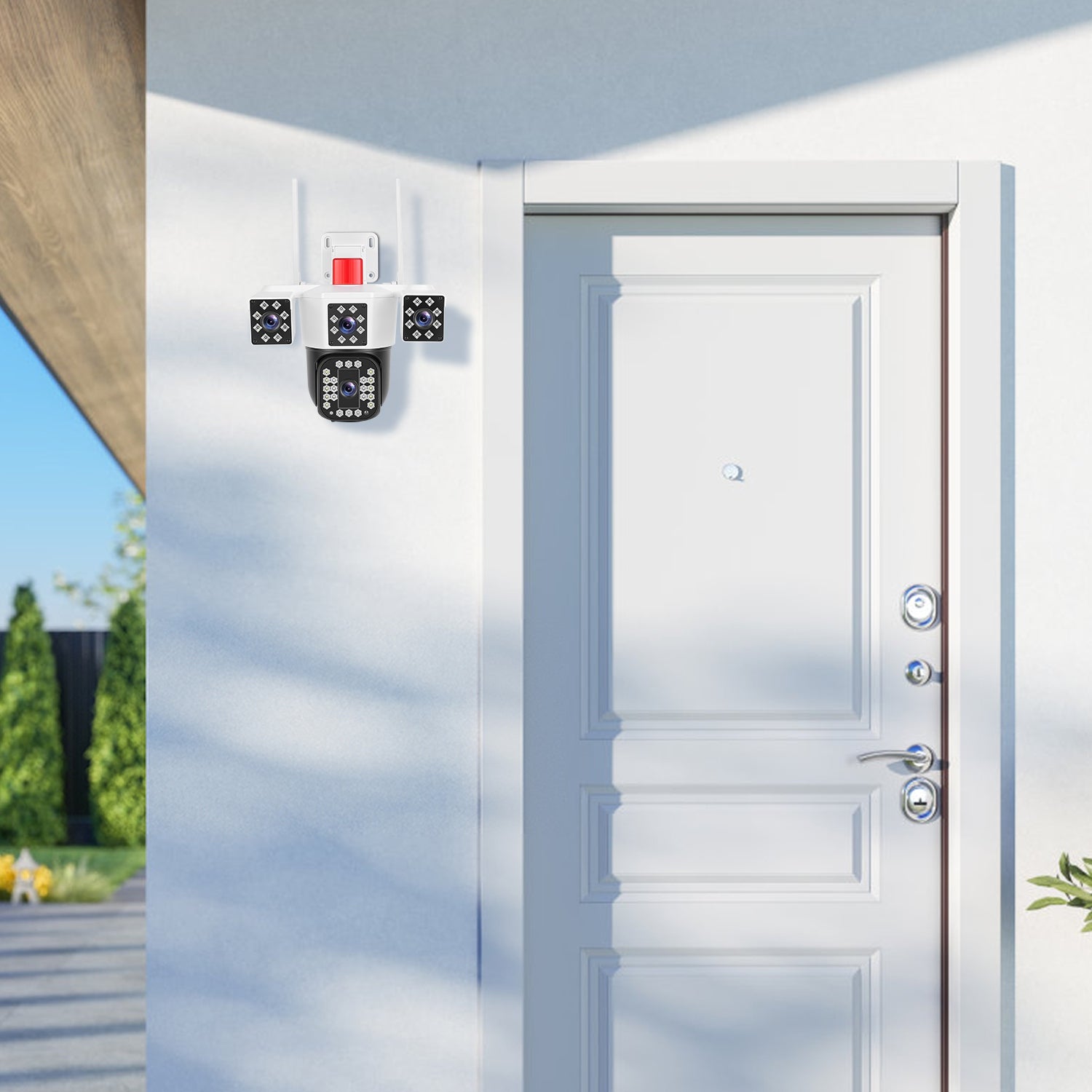 1080P HD 4-Lens Security Camera 360 Degree View WiFi Pan & Tilt Surveillance Camera With Full Color Night Vision Auto Motion Tracking 2-Way Audio Spotlights IP66 Waterproof Max 128G Not Included