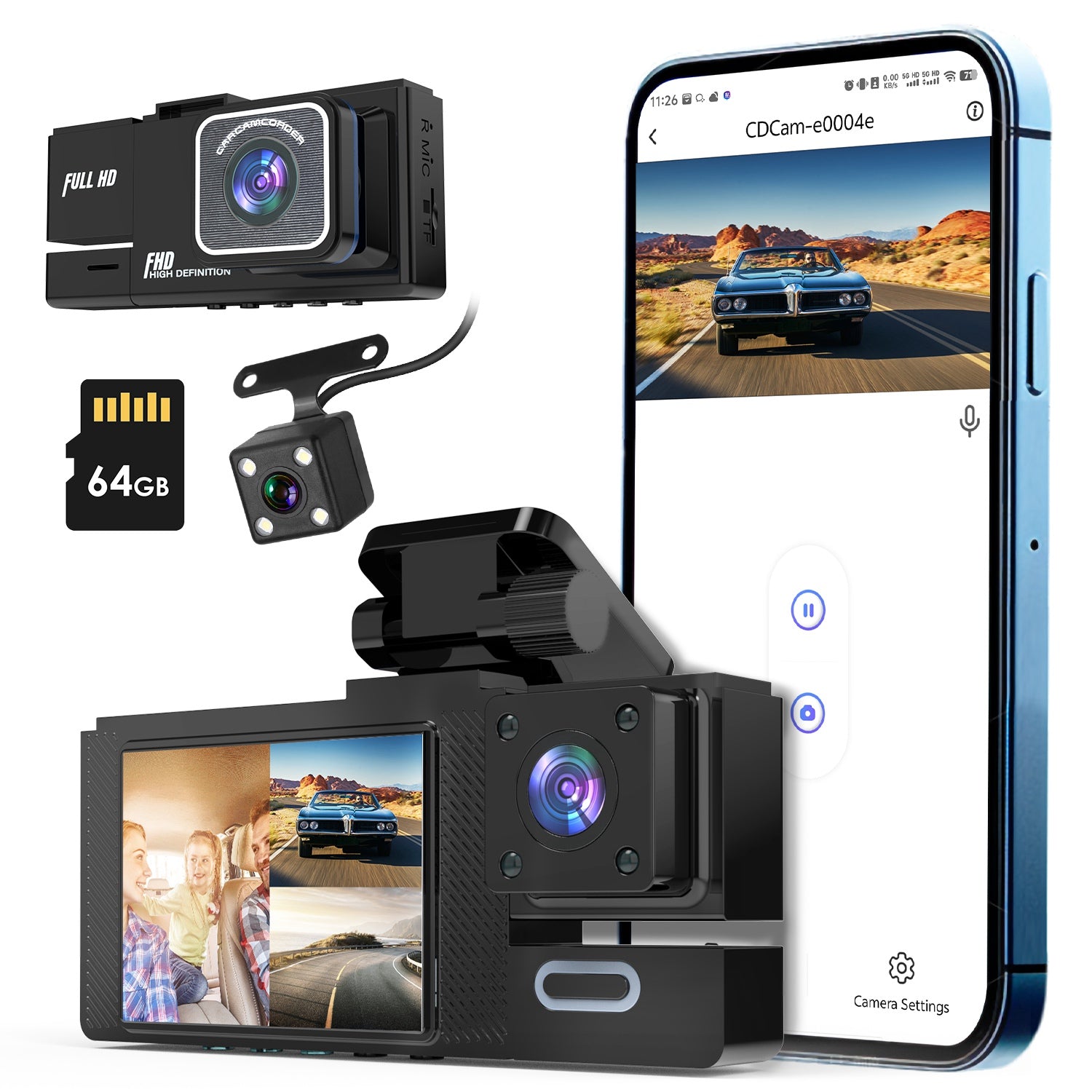 1Pc WiFi FHD 1080P Car Dash Cam 3 Channels Front Rear Inside Dash Camera With Loop Recording Reversing Image Night Vision 170 Degree Wide Angle Support 64G MMC Card Included