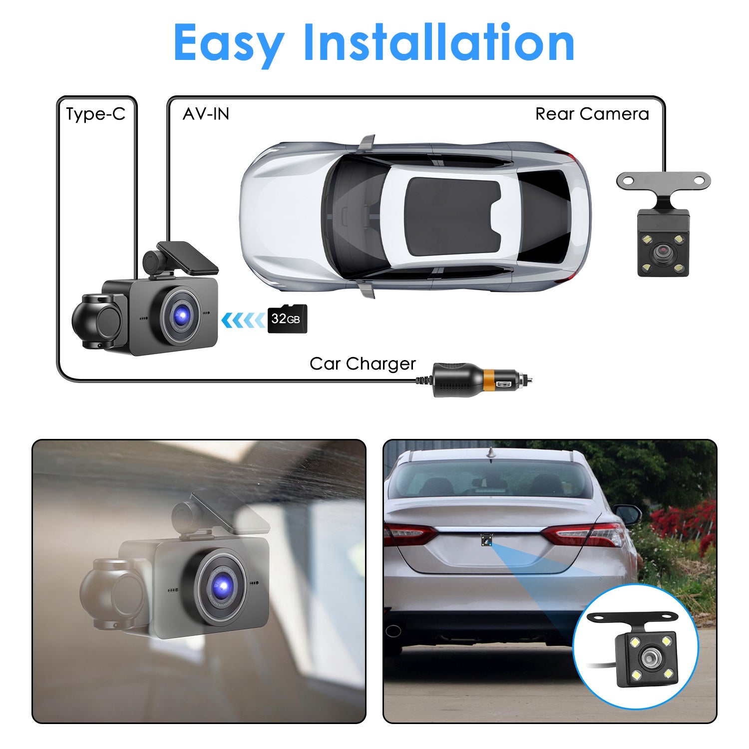 WiFi FHD 1080P 3 Channel Car Dash Cam Front Rear Inside With 32G MMC Card Motion Detection Loop Recording Infrared Night Vision Surveillance Car Camera With App Control