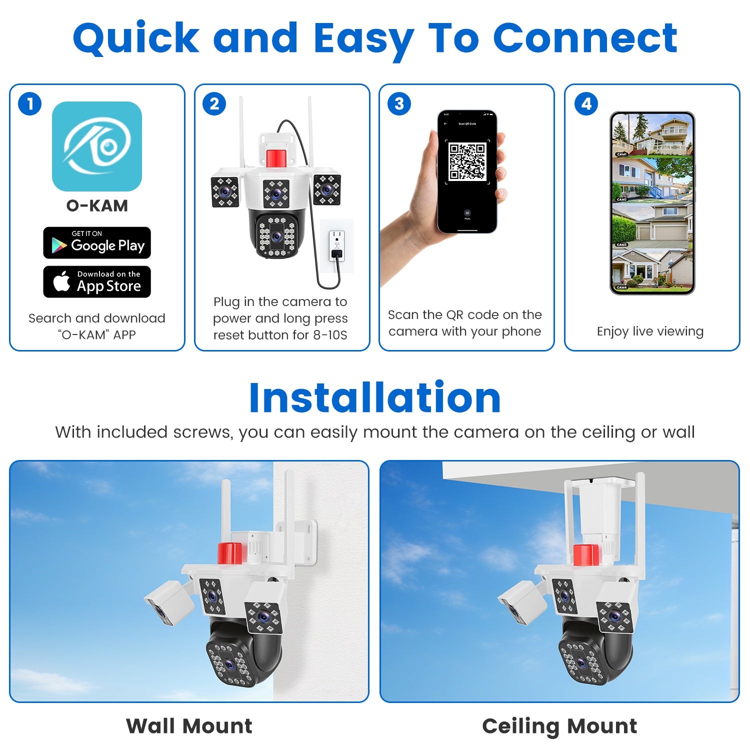1080P HD 4-Lens Security Camera 360 Degree View WiFi Pan & Tilt Surveillance Camera With Full Color Night Vision Auto Motion Tracking 2-Way Audio Spotlights IP66 Waterproof Max 128G Not Included