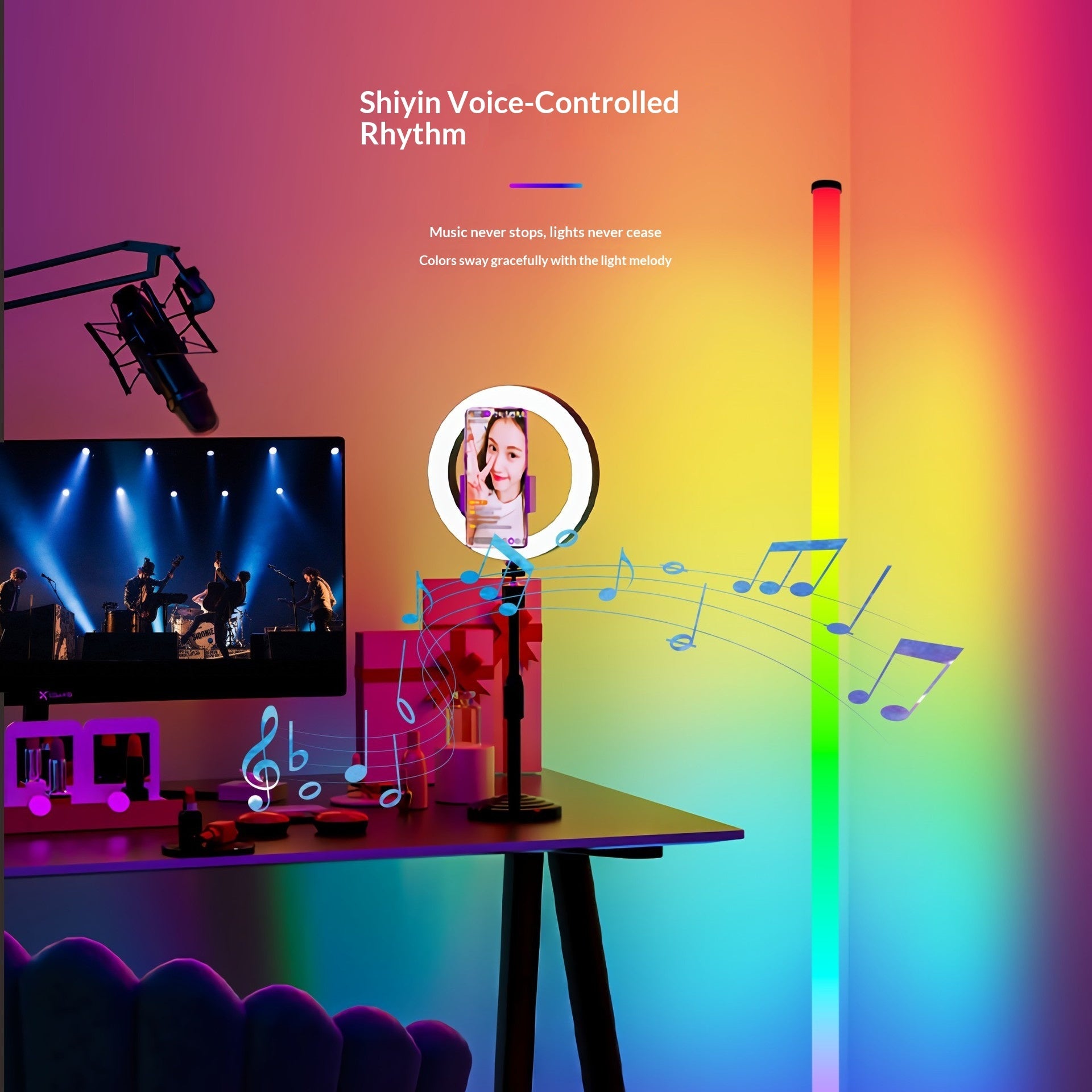 Iridescent RGB Floor Lamp With Microphone And Ambient Lighting For The Bedroom