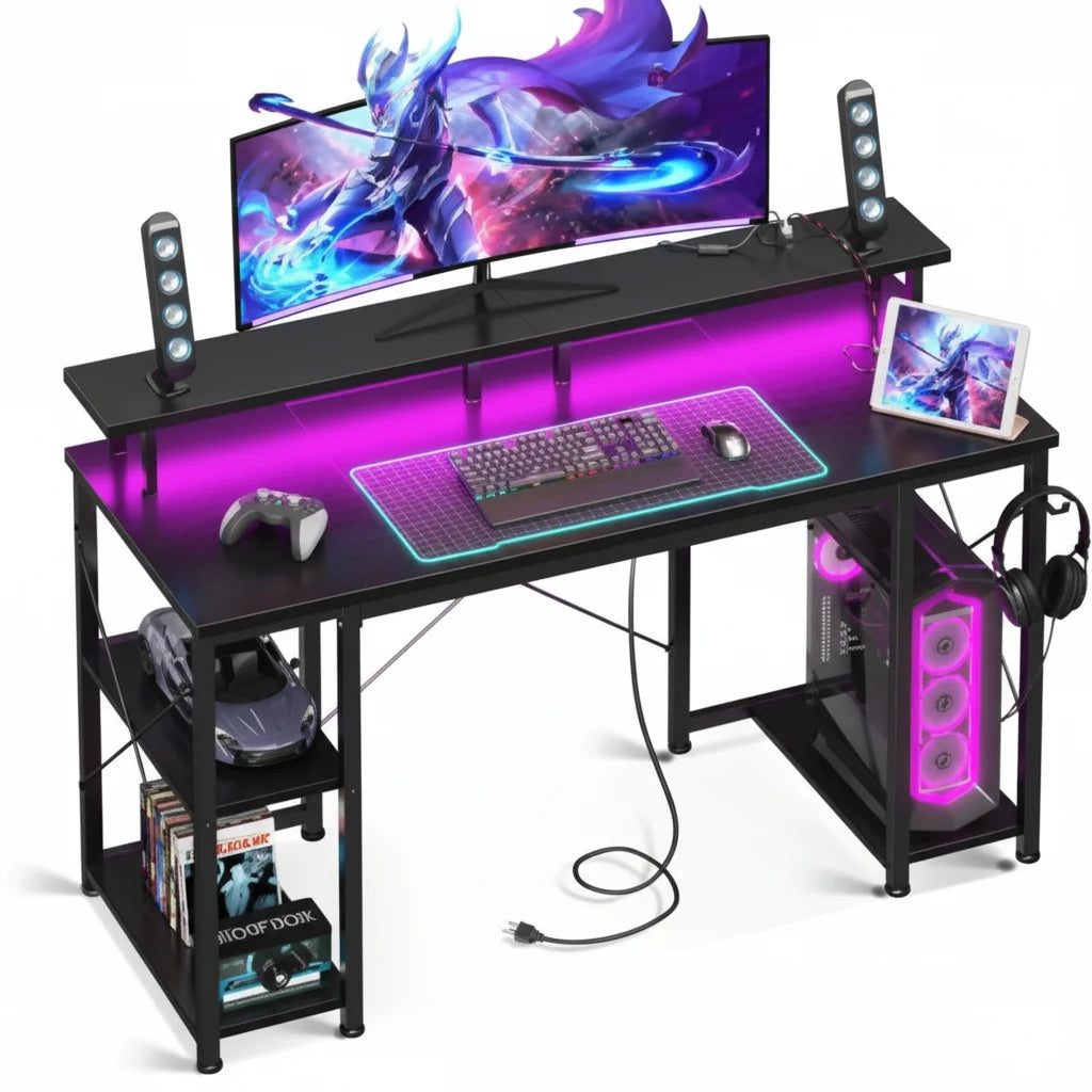 48-inch Gaming Table, Equipped With LED Lighting And Power Socket, Featuring Monitor Stand, Application Control Device And Headphone Hook