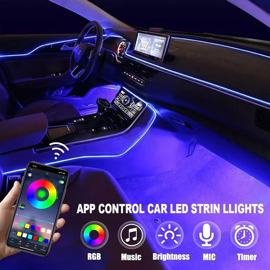 APP Control 5-In-1 RGB LED Interior Strip Light Car Ambient Atmosphere Lighting